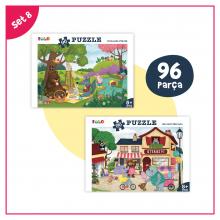 Puzzle Set 8- 96 Parça Puzzle Ormanda Piknik/Sevimli Mahalle 